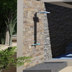 Douche extérieure avec mur carrellé effet marquetterie et sol en noir